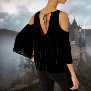 Black Velvet Top Cut Out Shoulders V Neck Fairy Whimsigoth Sexy Witchy Sz XS